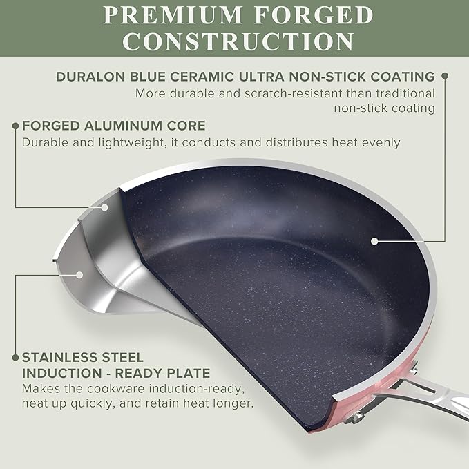 Nuwave Healthy Duralon Blue Ceramic Nonstick Cookware Set, Diamond Infused Scratch-Resistant, PFAS Free, Dishwasher & Oven Safe, Induction Ready & Evenly Heats, Tempered Glass Lids & Stay-Cool Handles