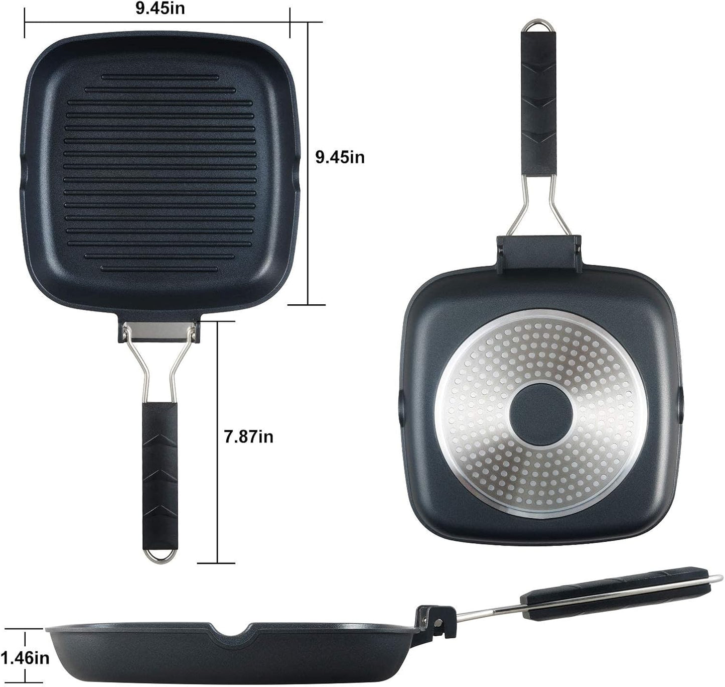 SKITCHN Grill Pan With Folding Handle, Nonstick for Stove Tops, Induction Compatible KBBQ With Pour Spouts, Indoor Square BBQ Grilling - 9IN