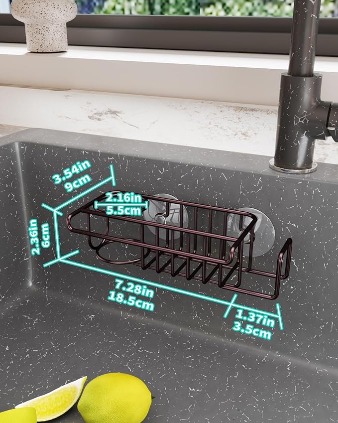 HapiRm 4 in 1 Adhesive Kitchen Sink Organizer, SUS304 Stainless Steel Brush Holder + Dish Cloth Hanger + Soap Rack + Sink Stopper Holder, No Drilling Sponge Caddy for Kitchen - Bronze