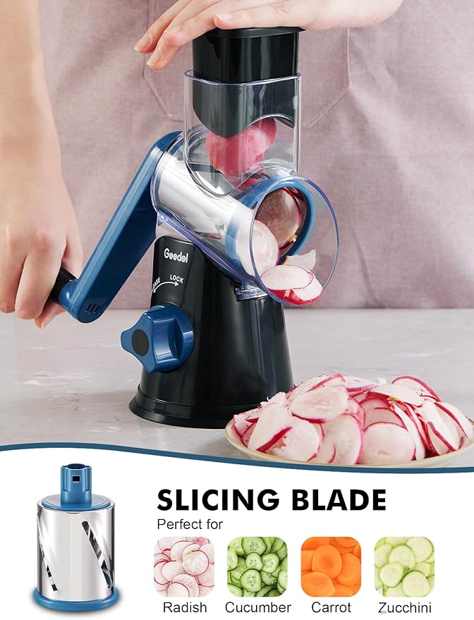 Geedel Rotary Cheese Grater, Kitchen Mandoline Vegetable Slicer with 3 Interchangeable Blades, Easy to Clean Rotary Grater Slicer for Fruit, Vegetables, Nuts