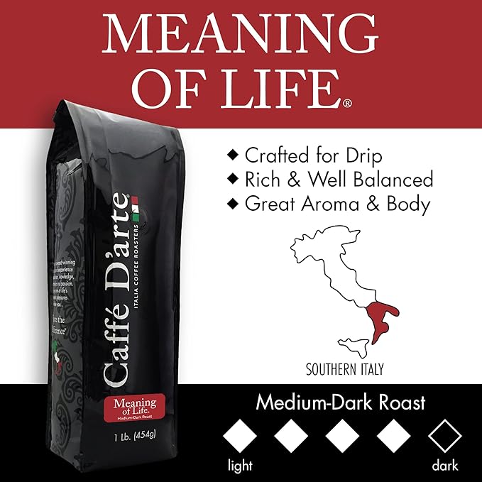 Caffe D'arte Meaning of Life Whole Bean Coffee – Medium Dark Roast, Rich & Well-Balanced Flavor with Great Aroma, Crafted for Drip Brewing, Fresh Roasted in Seattle, 1 Pound (Pack of 2)