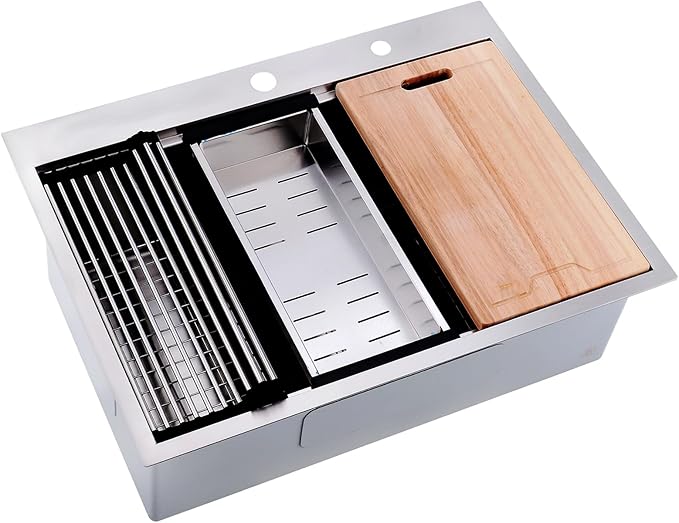 33x22 Drop In Kitchen Sink 16 Gauge Stainless Steel Workstation Kitchen Sink 10 Inch Deep Top Mount Single Bowl 2 Holes (33"x22"10")