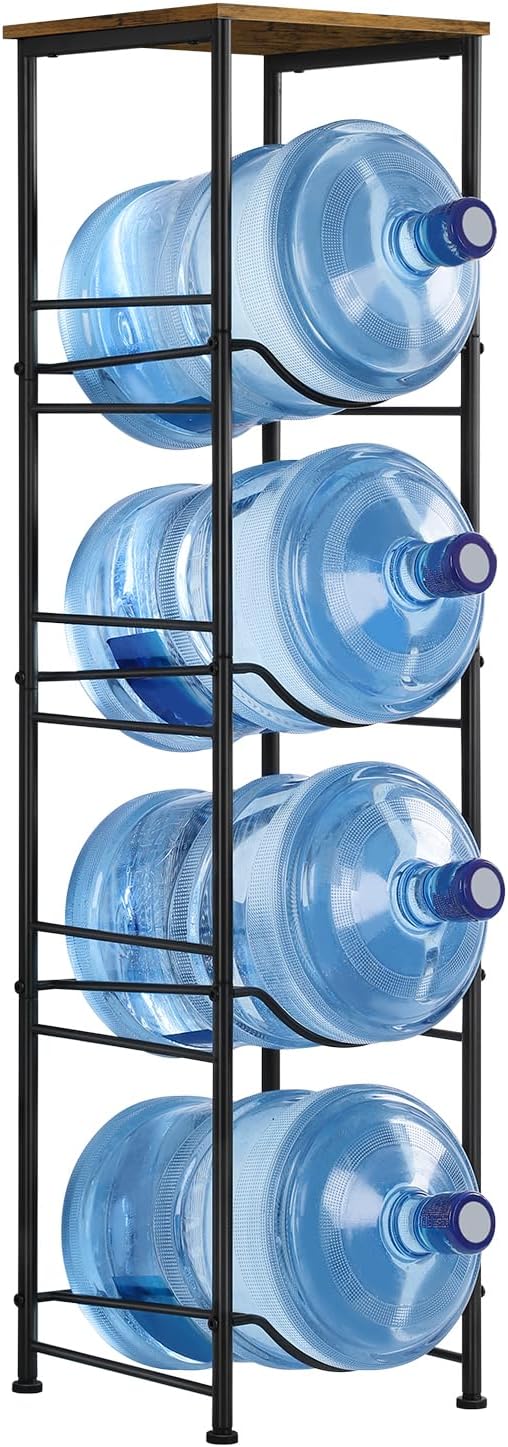 Vrisa 5 Gallon Water Jug Holder 4-Tier Water Bottle Holder Water Jug Stand with Storage Shelf Water 3/5 Gallon Rack Organizer for Home Office, Rustic Brown