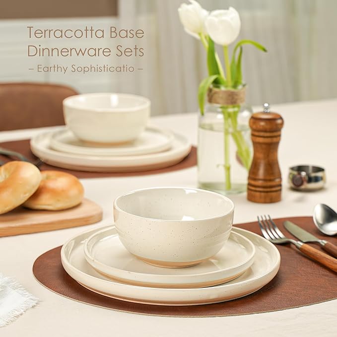 24 Pieces Farmhouse Stoneware Dinnerware Set for 8, Speckled Ceramic Plates and Bowls Set, Matte Terracotta Underside Ceramic Dish Set Scratch Resistant Microwave Dishwasher Safe (Amber Dusk)