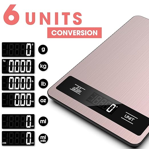 Food Scale, 11lb Digital Kitchen Scale Weight Grams and Ounces for Baking, Cooking and Meal Prep, 1g / 0.1oz Precise Graduation with 6 Units and Tare Function, LCD Display & Stainless Steel