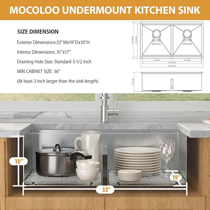 Mocoloo Double Bowl Kitchen Sinks - 50/50 Undermount Double Bowl 16 Gauge Low Divide Workstation 33 x 19 Inch Stainless Steel Sink Handmade, 10'' Deep Basin