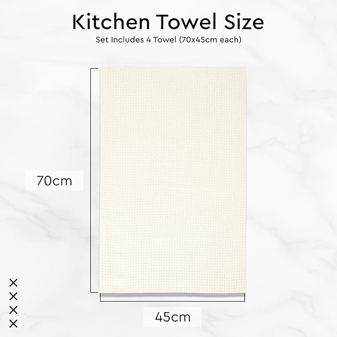 Encasa XO Kitchen Dish Towels Set | Solid Off White | Waffle Weave and Flat Hand Tea Towel | 28"x18" | Quick Drying Reusable Cotton Washcloths | Multipurpose Lightweight Dishcloths Set of 4