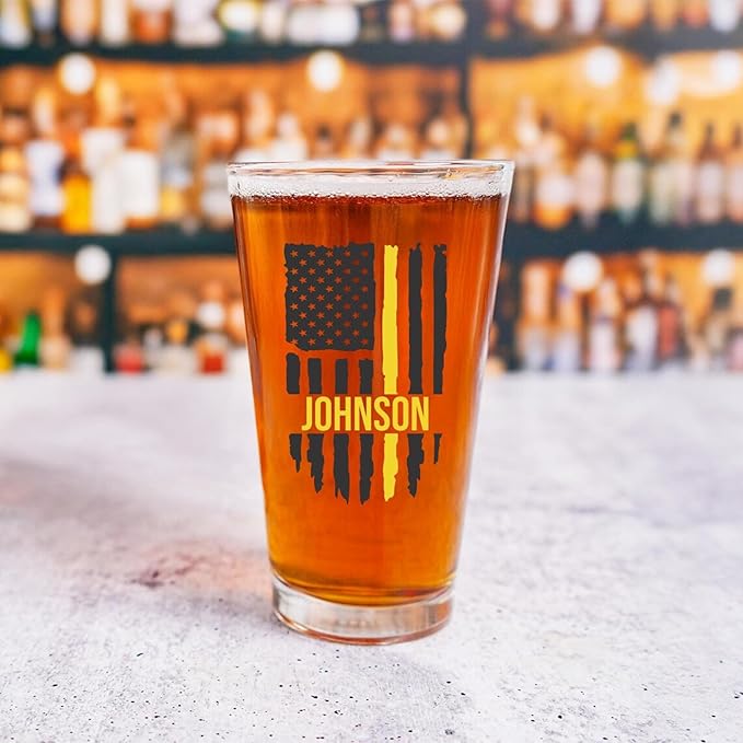 Blue Ridge Mountain Gifts - Thin Yellow Line Pint Glass - Personalized Dispatch Glass, 911 Dispatch Appreciation, Yellow Line Merch, First Responders Gift, Custom Barware, Thin Gold Line American Flag