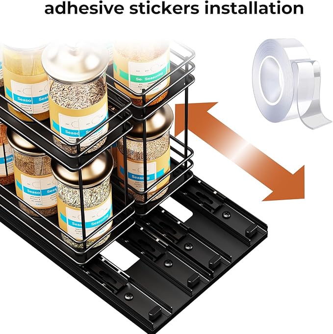 Pull Out Spice Rack Organizer for Cabinet, Slide Out Spice Racks, Easy to Install, 3.0''Wx10.35''Dx8.26''H, 2 Drawers 2 Tiers(Black)