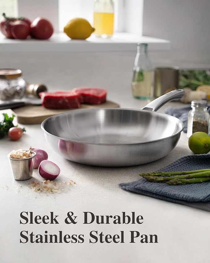 12 inch Tri-Ply Stainless Steel Pan,PFOA&PTFE Free Skillets,Chef's Pans,Dishwasher and Oven Safe Cookware, Works on Induction,Ceramic and Gas Cooktops