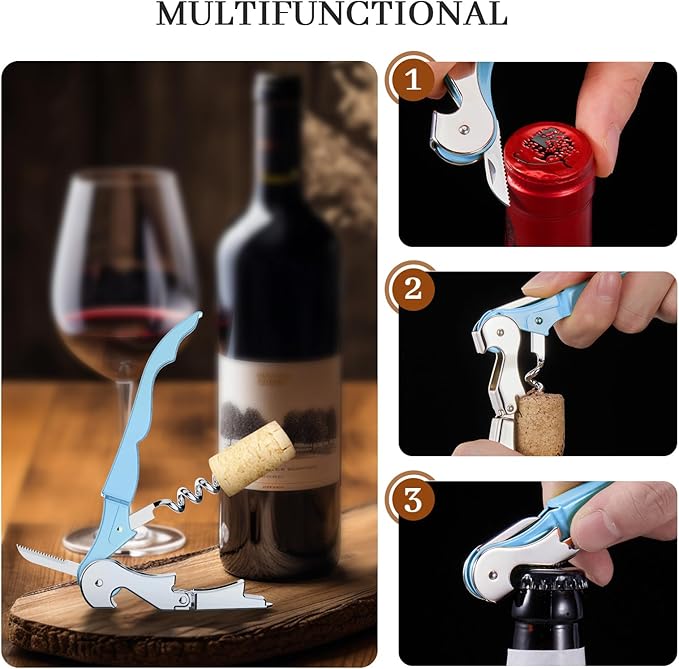 HYZ 2-Pack Wine Opener Waiter Corkscrew, Professional Wine Key for Servers, Bartender with Foil Cutter, Manual Wine Bottle Opener Double Hinged (Sky Blue)