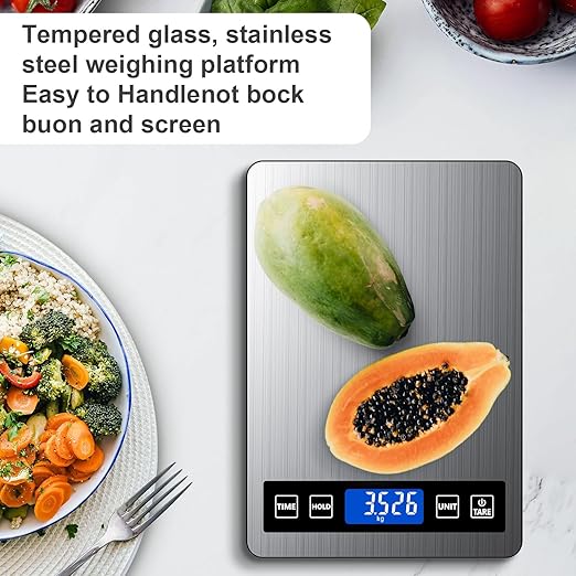 Food Scale Rechargeable, 22lb Digital Kitchen Scale Weight Grams and oz with Timer & Hold Function for Cooking Baking, 1g/0.1oz Precise Graduation, Stainless Steel and Tempered Glass