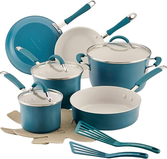 Rachael Ray Cucina Ceramic Cookware Set - 13 Pieces - Ceramic Pots and Pans Set w/Nonstick Frying Pans, Saute Pan, Saucepans, Stockpot, Lids, Pan Protectors & Cooking Utensils - Marine Blue