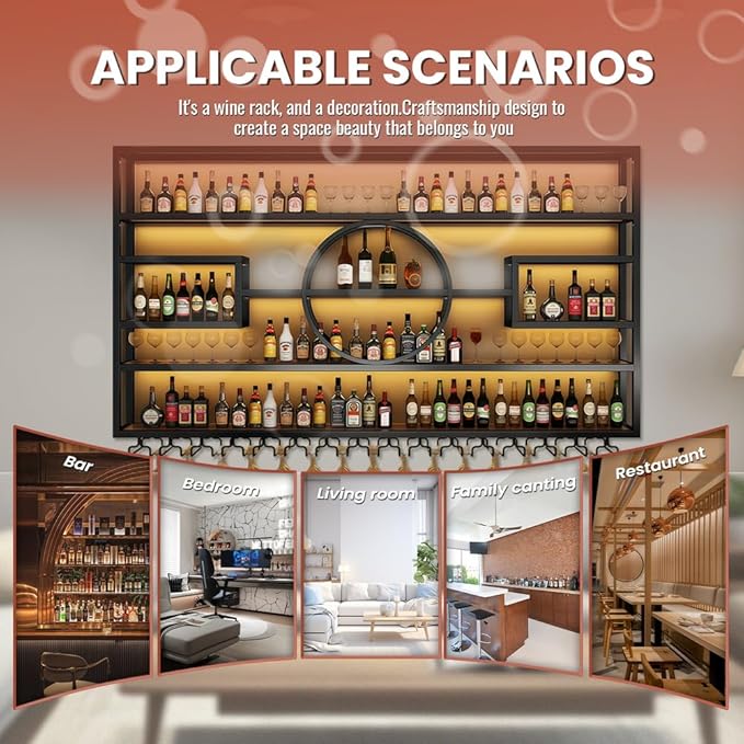 55" Wall Mounted Wine Rack with LED Light, 4 Tiers Bottle & Glass Holder, Metal Retro Wine Stand, Liquor Bottles Display Wall Storage Organizer, for Kitchen Dining Room Home Bar,55x8x51 inch