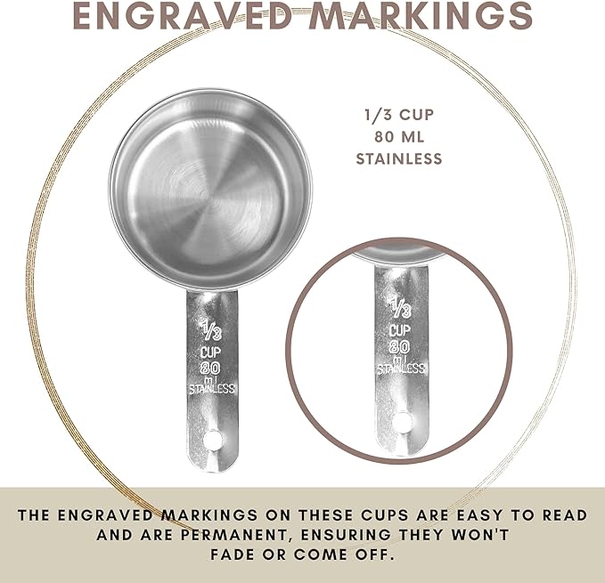 1/3 Cup Stainless Steel Measuring Cup | Sturdy Metal 80 ml | 80 cc | 3 oz | Single Cup for Wet and Dry Ingredients | Great for use as 1/3 Cup Dog Food Scoop - 12 PK