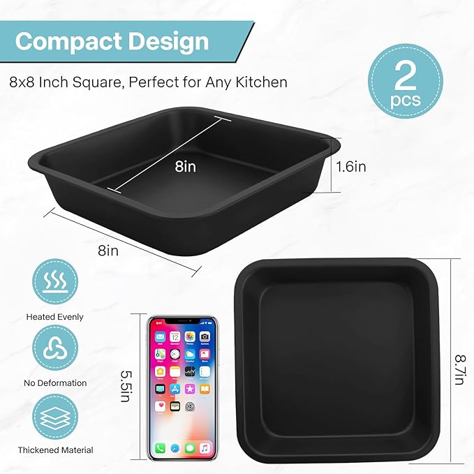 2-Pack 8x8 Square Cake Pan, Nonstick Brownies Square Cake Pan, 8 inch Square Baking Pan for Making Meat Dishes, Square Cake Pan for Beginners, Easy to Clean