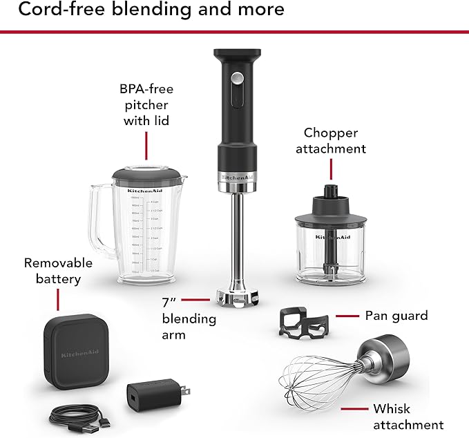 KitchenAid Go Cordless Hand Blender with Accessories - battery included, KHBRV75, Black Matte