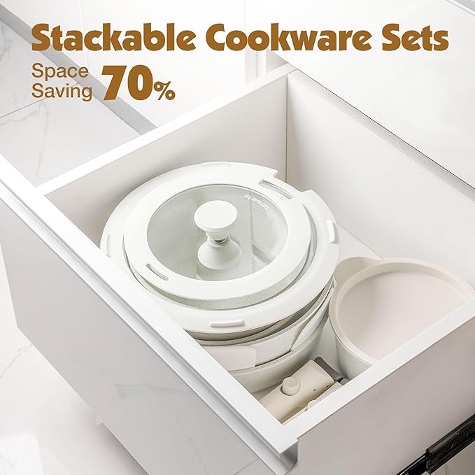 SENSARTE 13 Piece Pots and Pans Set, Nonstick Detachable Handle Cookware, Induction Kitchen Cookware Set with Removable Handle, Healthy Non Stick for RV, Dishwasher ＆ Oven Safe (White)