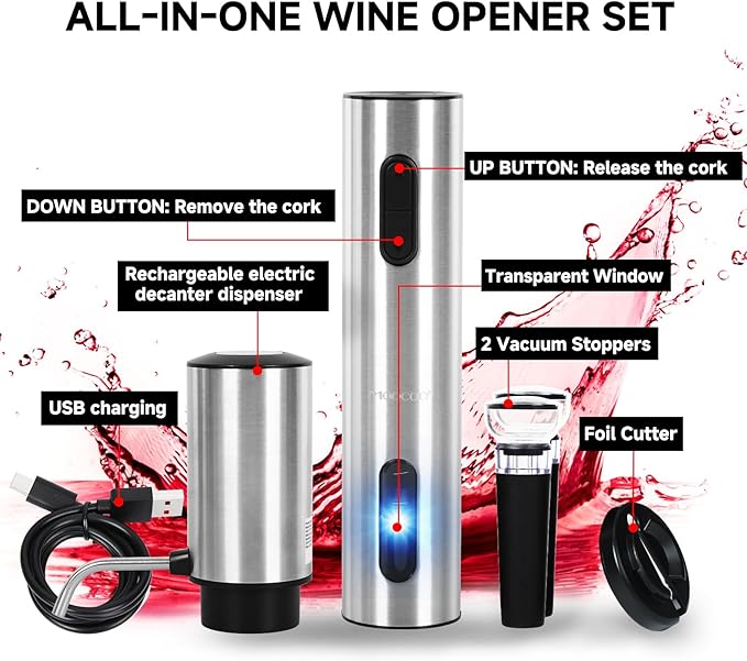Electric Wine Opener Gift Set, Automatic Electric Wine Bottle Corkscrew Opener Rechargeable with Foil Cutter, Automatic Aerator, 2 Vacuum Stoppers for Home Bar Outdoor Parties, Stainless Steel