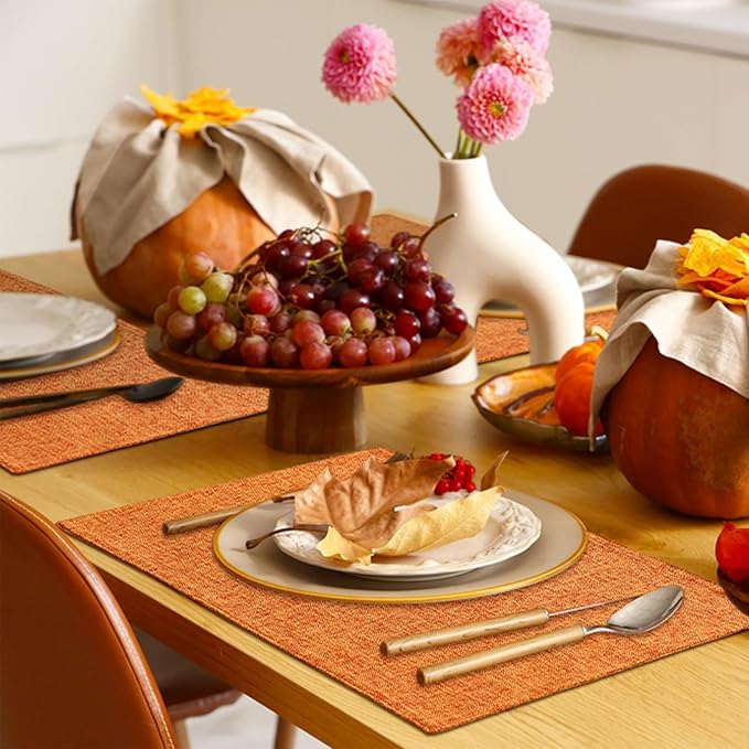 Homaxy Cloths Placemats for Dining Table Set of 8, Heat Resistant Washable Cotton Linen Blend Table Mats, Ideal for Kitchen Party Dining Decoration, 13" x 19", Orange