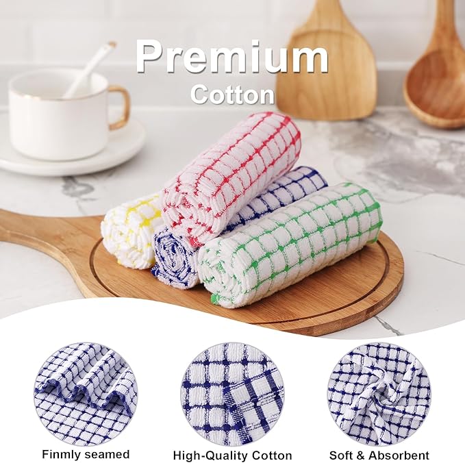 Kitinjoy Cotton 12 Pack Kitchen Towels and Dishcloths Sets, 16 x 25 Inch & 12 X 12 Inch Dish Towels Bulk, Super Soft and Absorbent Hand Towels for Kitchen Drying, Blue