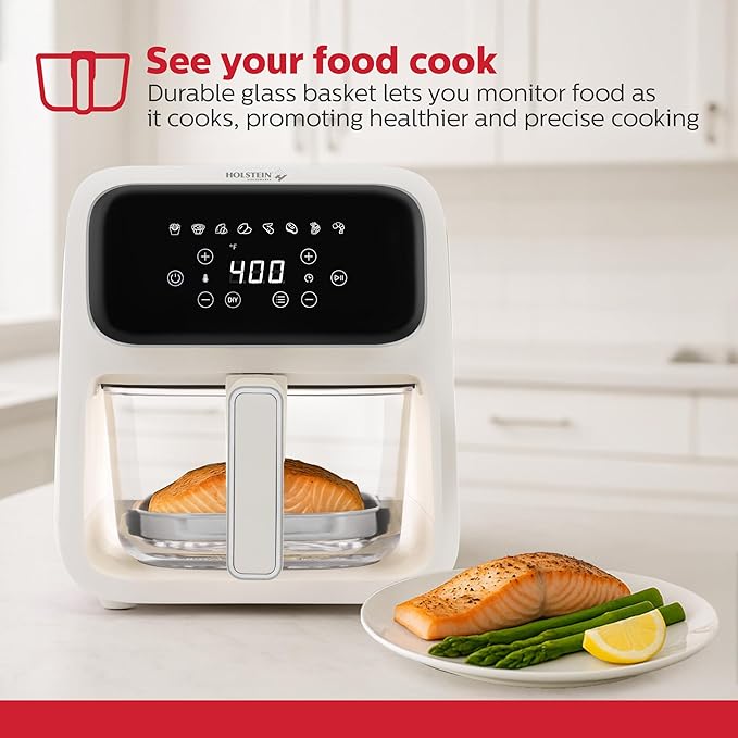 Holstein Housewares 4.2 QT Digital Air Fryer with Glass Basket, With Hot Air Technology, Up to 400° & Non -Stick Frying Pan for Less Oil Use. Air Fry, Bake, Grill, Dehydrate & Roast Healthy Meals
