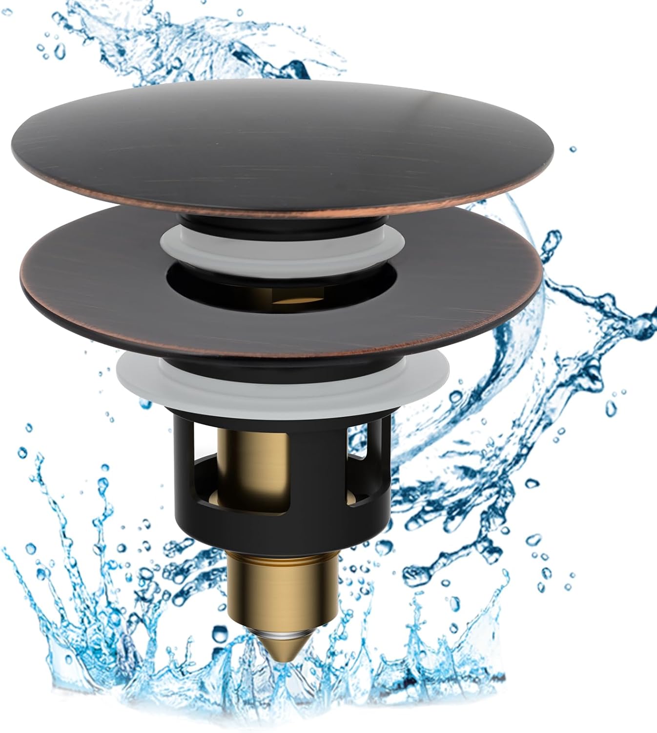 Hibbent All Metal 2 in 1 Bathroom Sink Stopper, Universal Pop Up Drain Strainer, Brass Bullet Core Push Type Stopper for 1.1''~2.3'' Basin, Big Push Button, Anti Clogging Filter, Oil-Rubbed Bronze