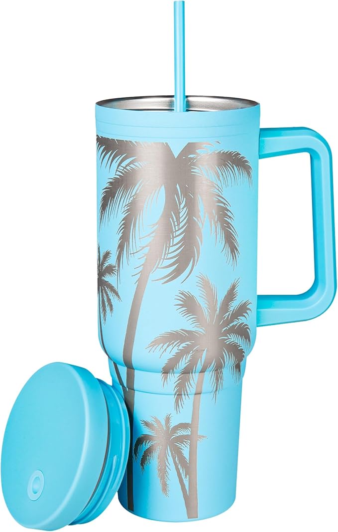 Engraved Palm Trees 40oz Insulated Tumbler with Handle, Lid & Straw - Use for Water, Tea, Coffee & More-Disabled USMC Vet Owned Small Business