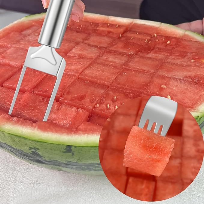 2Pcs Watermelon Cutter Slicer Tool, Stainless Steel 2-in-1 Watermelon Fork Slicer, Portable Watermelon Fork Watermelon Cutter Slicer Tool Fruit Forks Slicer for Home Party Camping Kitchen (2, Silver)