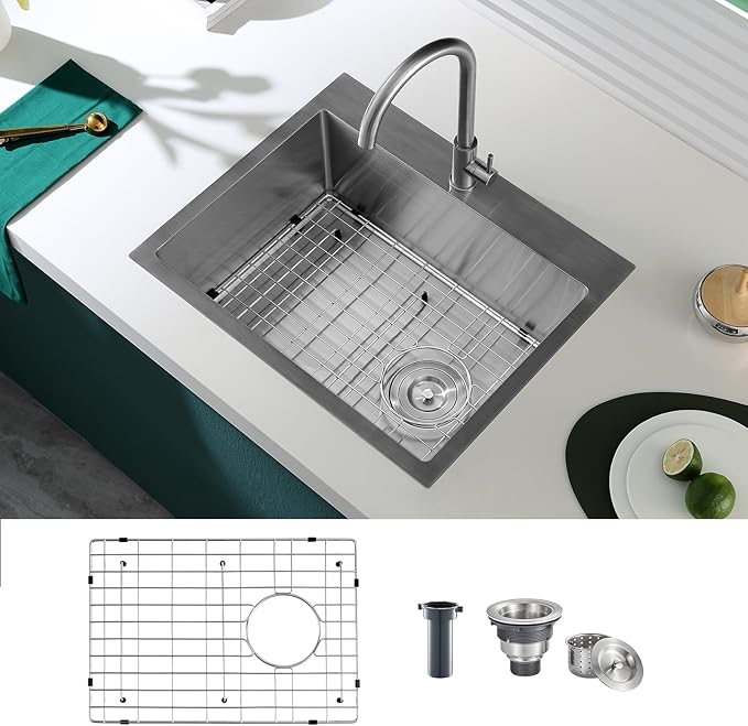 24 inch Drop-in Kitchen Sink Single Bowl, Topmount Kitchen Sink with Protective Bottom Grid, Overmount 304 Stainless Steel Kitchen Bar Sink Handmade with Basket Strainer, 24×18×9 inch