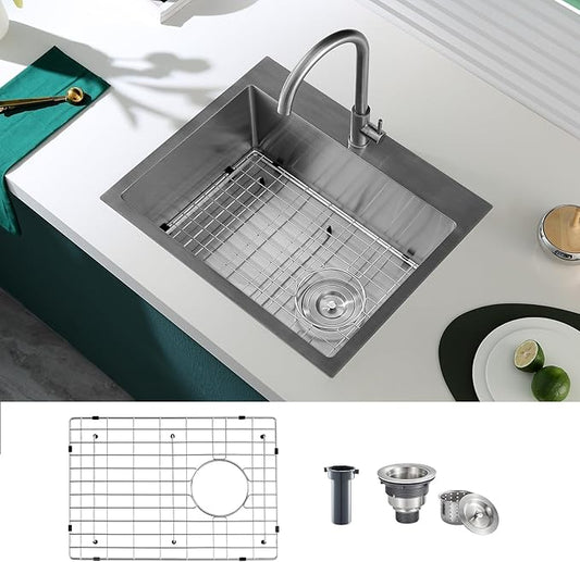 24 inch Drop-in Kitchen Sink Single Bowl, Topmount Kitchen Sink with Protective Bottom Grid, Overmount 304 Stainless Steel Kitchen Bar Sink Handmade with Basket Strainer, 24×18×9 inch