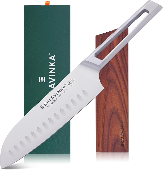 7" Professional Santoku Knife, Ultra Sharp German Steel Blade, Balanced Grip, Ideal for Chopping and Mincing, Gifted Sheath, Great for Cookouts (VENDANA)
