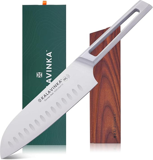 7" Professional Santoku Knife, Ultra Sharp German Steel Blade, Balanced Grip, Ideal for Chopping and Mincing, Gifted Sheath, Great for Cookouts (VENDANA)
