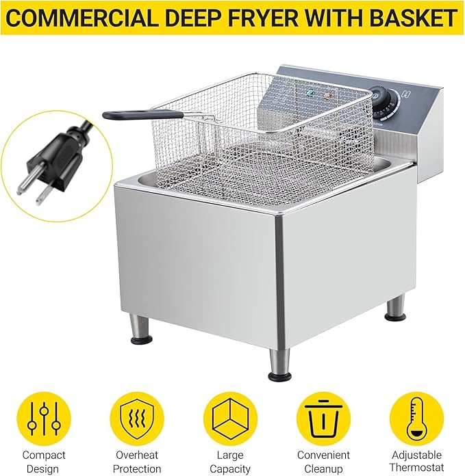 Commercial Deep Fryer 11L/3.3Gal 1700W,110V|6LB Basket with 304 Stainless Steel & Rapid Heating System | Splash Guard Lid for Restaurant, Food Truck, Home Kitchen