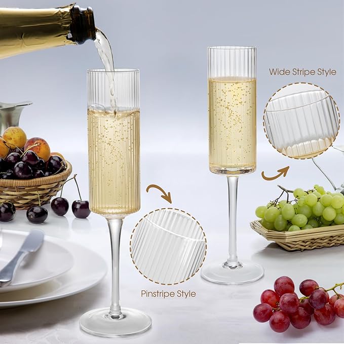 Topsky Ribbed Champagne Flutes Set of 2, 7 oz Crystal Champagne Glasses, Vintage Unique Ridged Design, Clear Mimosa Glasses, Cocktail or Wedding Toasting Glasses, Inner Stripe