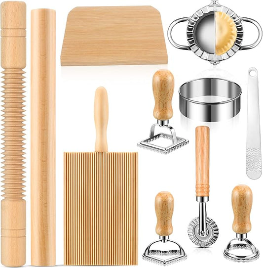 11 Pcs Pasta Making Tools Kit - Includes Wooden Gnocchi Board with Ravioli Stamp Cutter, Threaded Rolling Pin, Dumpling and Pasta Maker - Gift for Homemade kitchen Baking Lovers