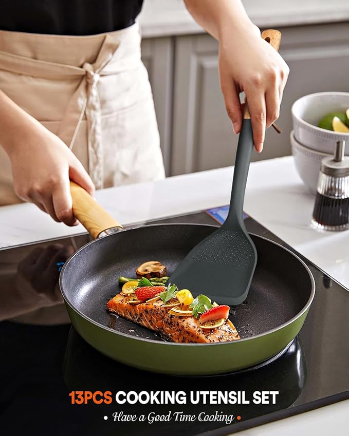 Kitchen Utensils Set, 13PCS Silicone Cooking Utensils, Heat Resistant Kitchen Utensil Spatula Set for Nonstick Cookware, Wooden Handles Kitchen Gadgets Tools Set