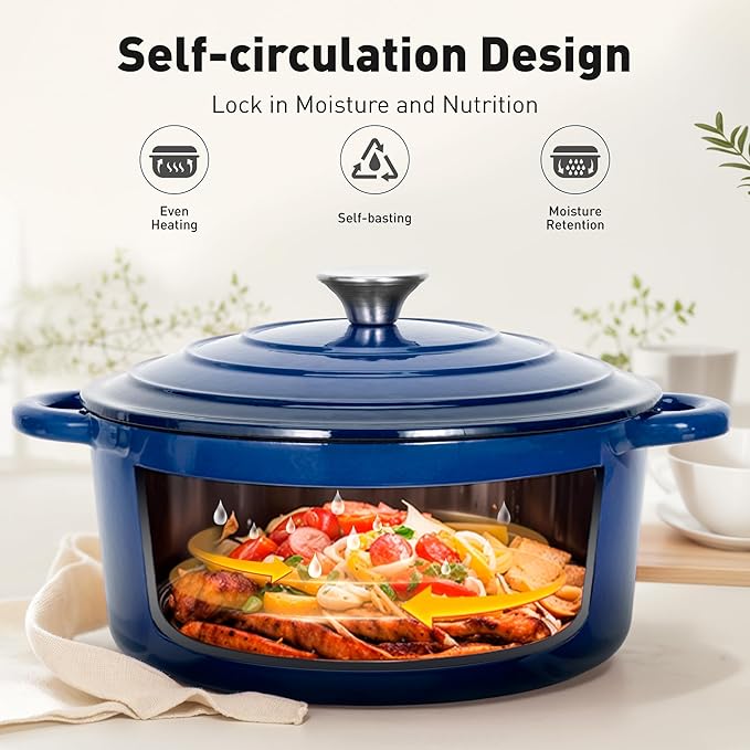 MAISON ARTS Enamel Cast Iron 7 Piece Cookware Set, Dutch Oven Pot with Lid, Blue Non Stick Pots and Pans set, Oven Safe up to 500°F