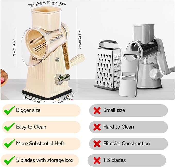 Xilrvna RotaryCheese Grater,VegetableShredder 5 in 1 Cheese Grater with HandleedderReinforcedSuction,EasytoClean,KitchenChopperforCrushedIce,Fruits and Nuts with Blade Storage Case（White