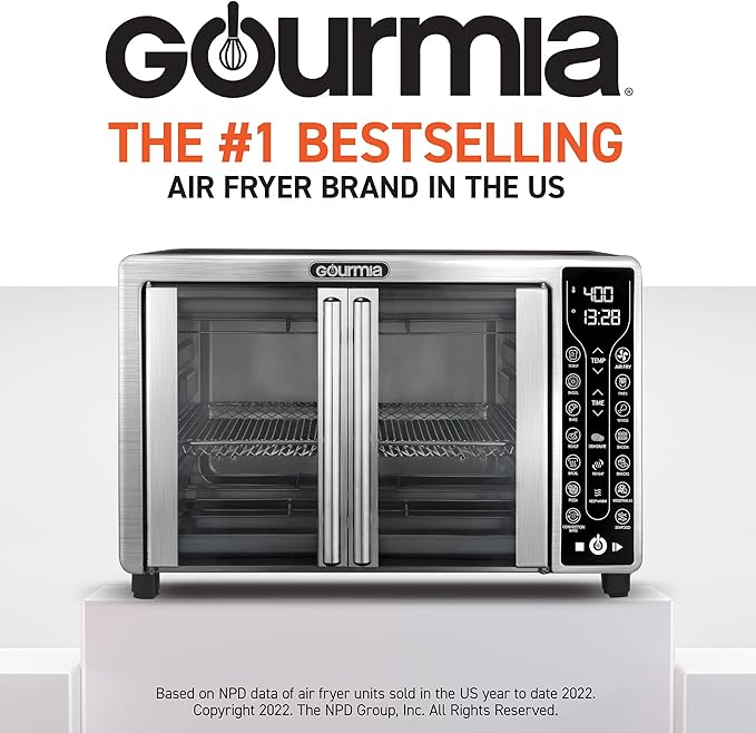 Gourmia Toaster Oven Air Fryer Combo 17 cooking presets 1700W french door digital air fryer oven 24L capacity accessories, convection rack, baking pan tray recipe book GTF7655,Large,Stainless Steel