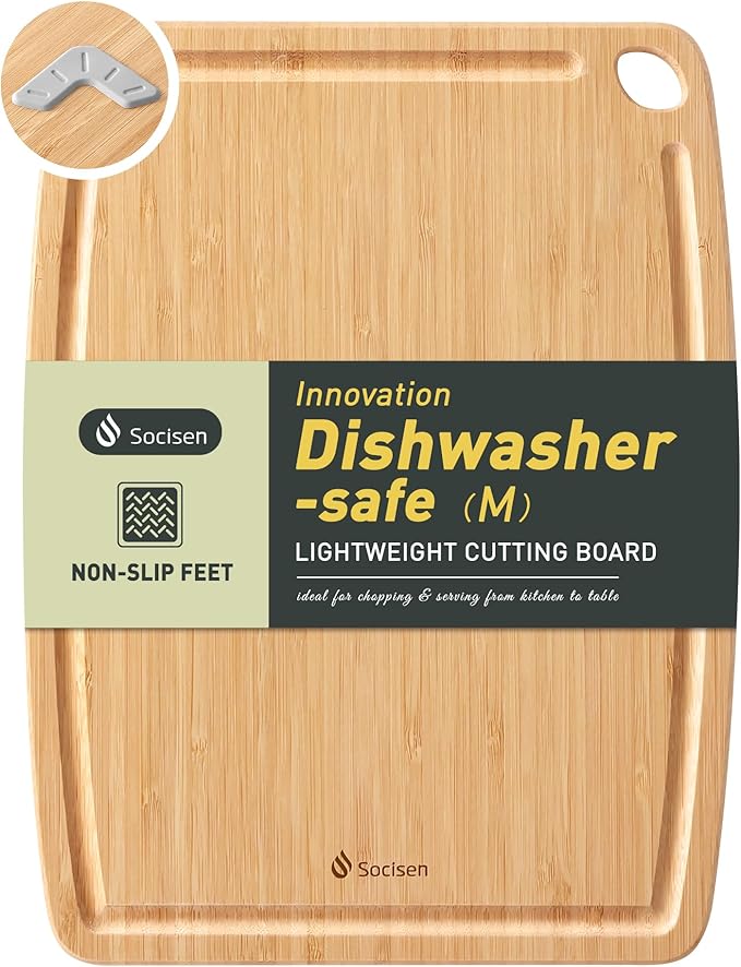 Lightweight Durable Bamboo Cutting Board with Non-Slip Feet, Reversible Wood Cutting Board with Juice Groove Easy to Store & Clean, Water-Resistant Ideal Kitchen Gift for Home Cooks
