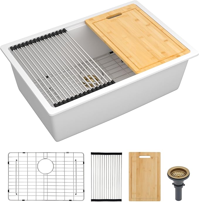 28"x19" Granite Composite Kitchen Sink - White Undermount Ledge Workstation Quartz Classic Under Counter Single Bowl Basin