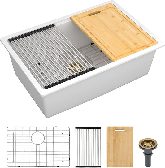 28"x19" Granite Composite Kitchen Sink - White Undermount Ledge Workstation Quartz Classic Under Counter Single Bowl Basin