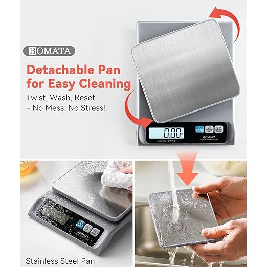 BOMATA 0.1g/ 13lb Food Scale, Digital Kitchen Scale with Removable Stainless Steel Pan, Backlit LCD Display, for Cooking, Baking B621 Grey