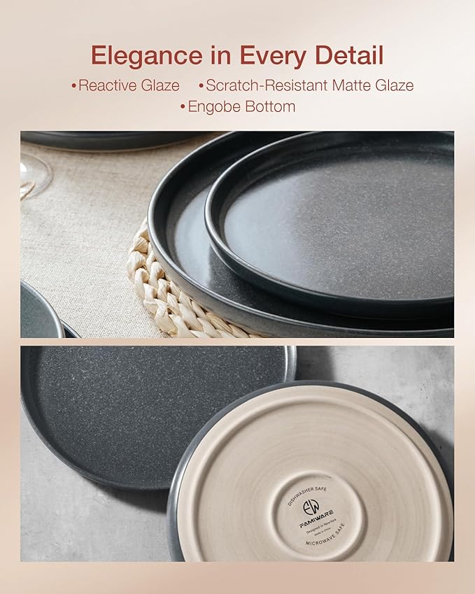 Famiware Milkyway Stoneware Dinnerware Sets with Mugs, Service for 4 (16 Pieces), Reactive Glaze Plates and Bowls Sets, Microwave and Dishwasher Safe Dishes Set, Matte Dark Charcoal