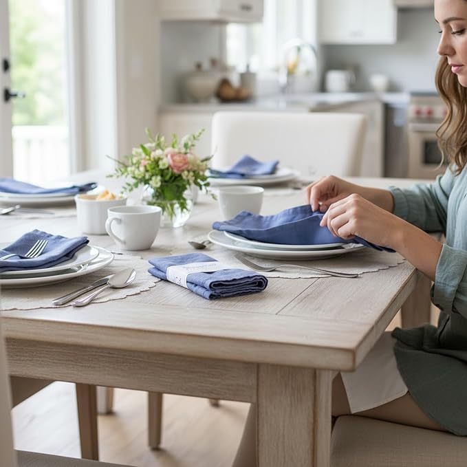 Hemstitched Linen Napkins – 20 Inch x 20 Inch – Stonewashed Pure Linen Cloth Dinner Napkins with Mitered Corners - 100% French Flax – Machine Washable - Set of 4 (Soft Blue)