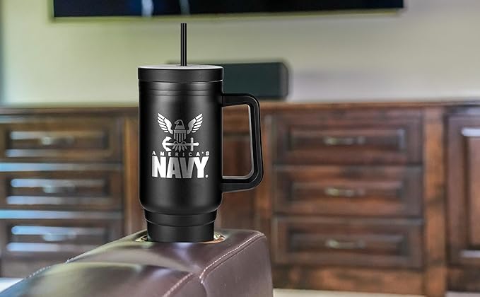 Navy 40oz Insulated Tumbler with Handle, Lid & Straw - USN Gifts - Use for Water, Tea, Coffee -Disabled Vet Owned Small Business-Navy 40oz Tumbler