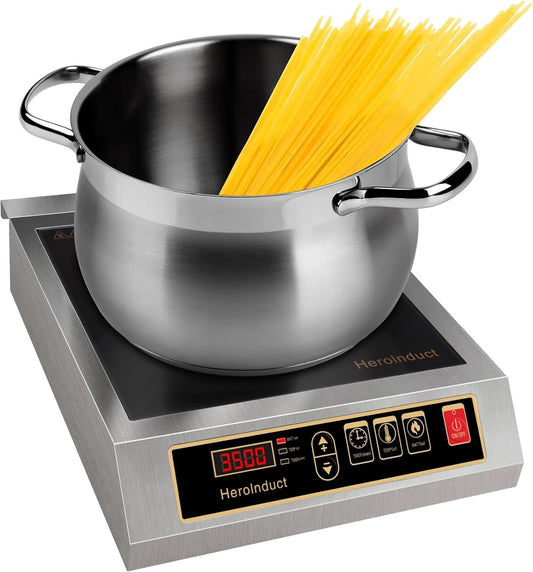 Portable Induction Cooktop 208-240V 3500W Commercial Range Countertop Burner Dual IGBT Modules 8 Heating Level Timer Sensor Push-Button Premium Stainless Steel Housing Ceramic Glass（Black）