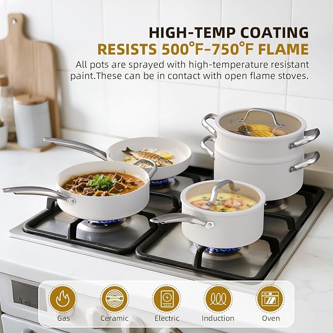 15 Pcs Pots and Pans Set Non Stick, Ceramic Cookware Set with Steamer, Non-Toxic Kitchen Cooking Set with Stay-Cool Ergonomic Handles, Oven & Dishwasher Safe, PFOS & PFOA Free (Cream White)
