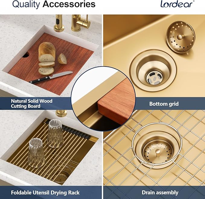 Lordear Gold Undermount Bar Sink 15x18x9 Inch Kitchen Sink Workstation 16 Gauge Stainless Steel Small Single Bowl
